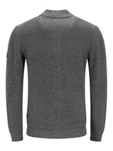 Kohle-grauer strukturierten Pullover mit gerippten Details und einem kleinen Patch auf dem linken Ärmel.