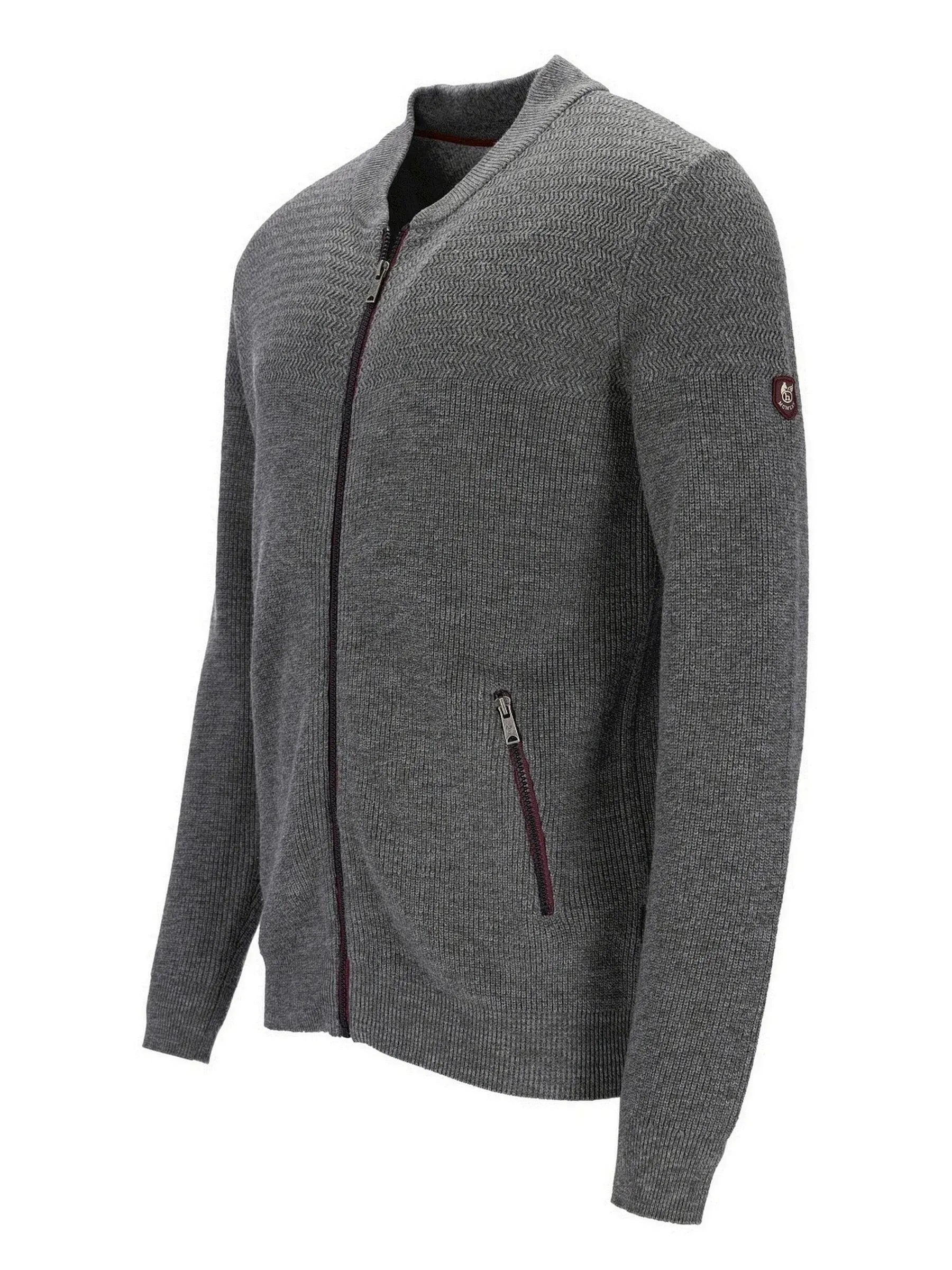 Kohle-grauer Reißverschluss-Pulli mit gerippter Textur und Seitentaschen.
