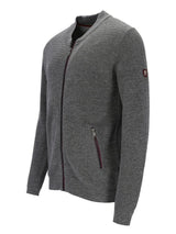 Kohle-grauer Reißverschluss-Pulli mit gerippter Textur und Seitentaschen.