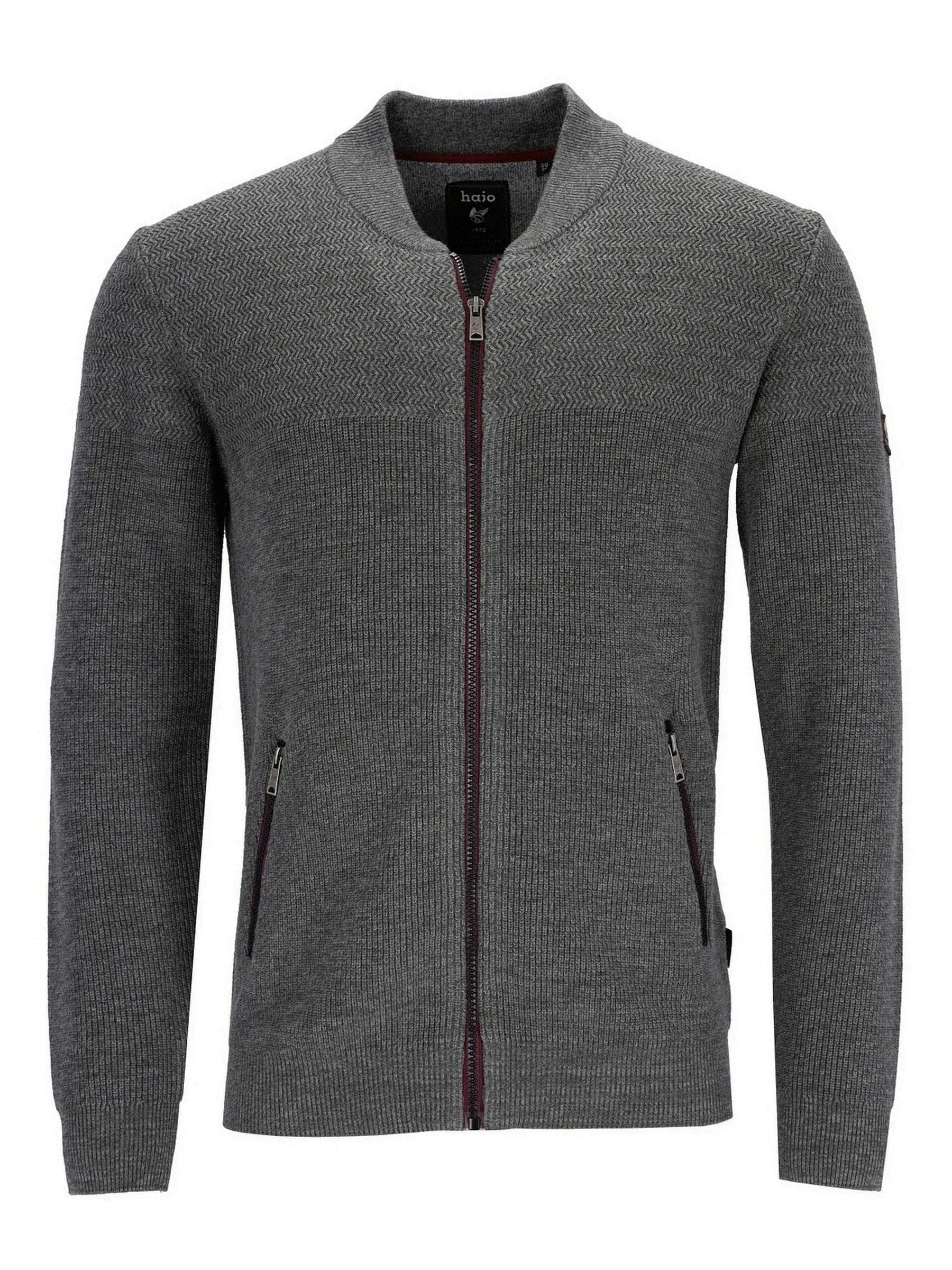 Anthrazitfarbener Reißverschluss-Pullover mit gerippter Textur und Seitentaschen.