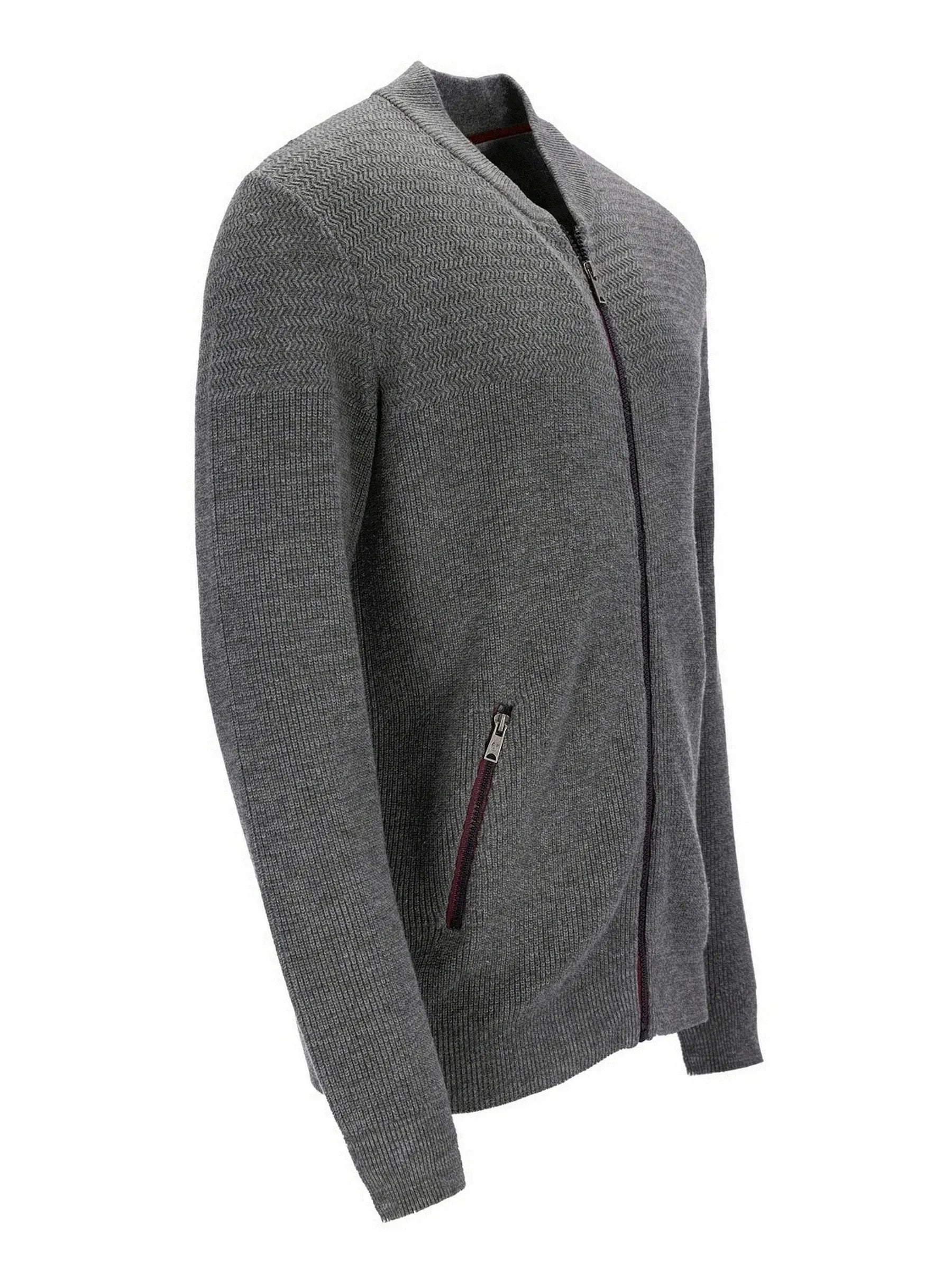 Kohle-grauer Reißverschluss-Pulli mit texturierter Strickstruktur und Seitentaschen.
