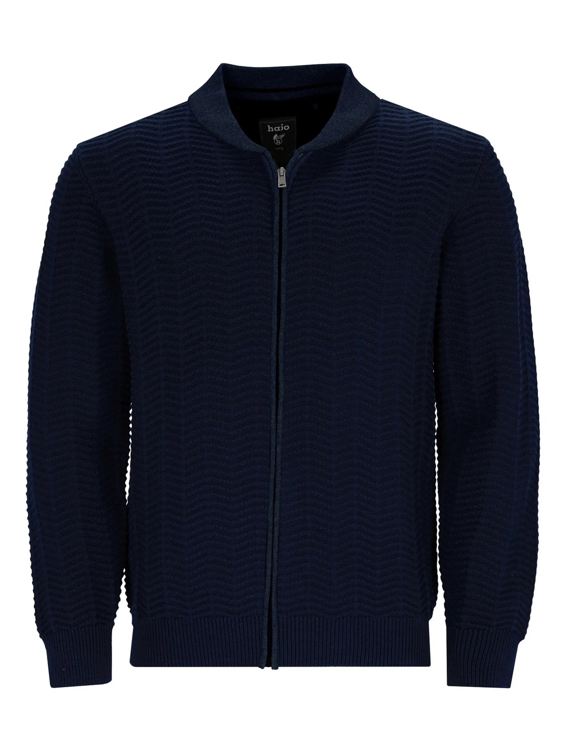 Marineblauer Reißverschluss-Pullover mit strukturiertem Strickmuster und gerippten Manschetten, inspiriert von Ralph Lauren.