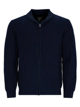 Marineblauer Reißverschluss-Pullover mit strukturiertem Strickmuster und gerippten Manschetten, inspiriert von Ralph Lauren.