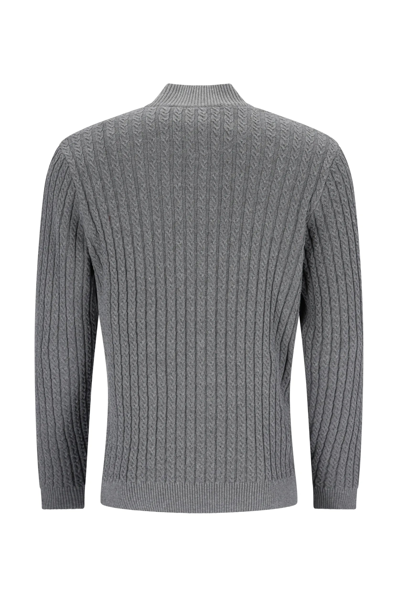 Grauer Pullover aus Zopfstrick mit gerippten Details und Rundhalsausschnitt.