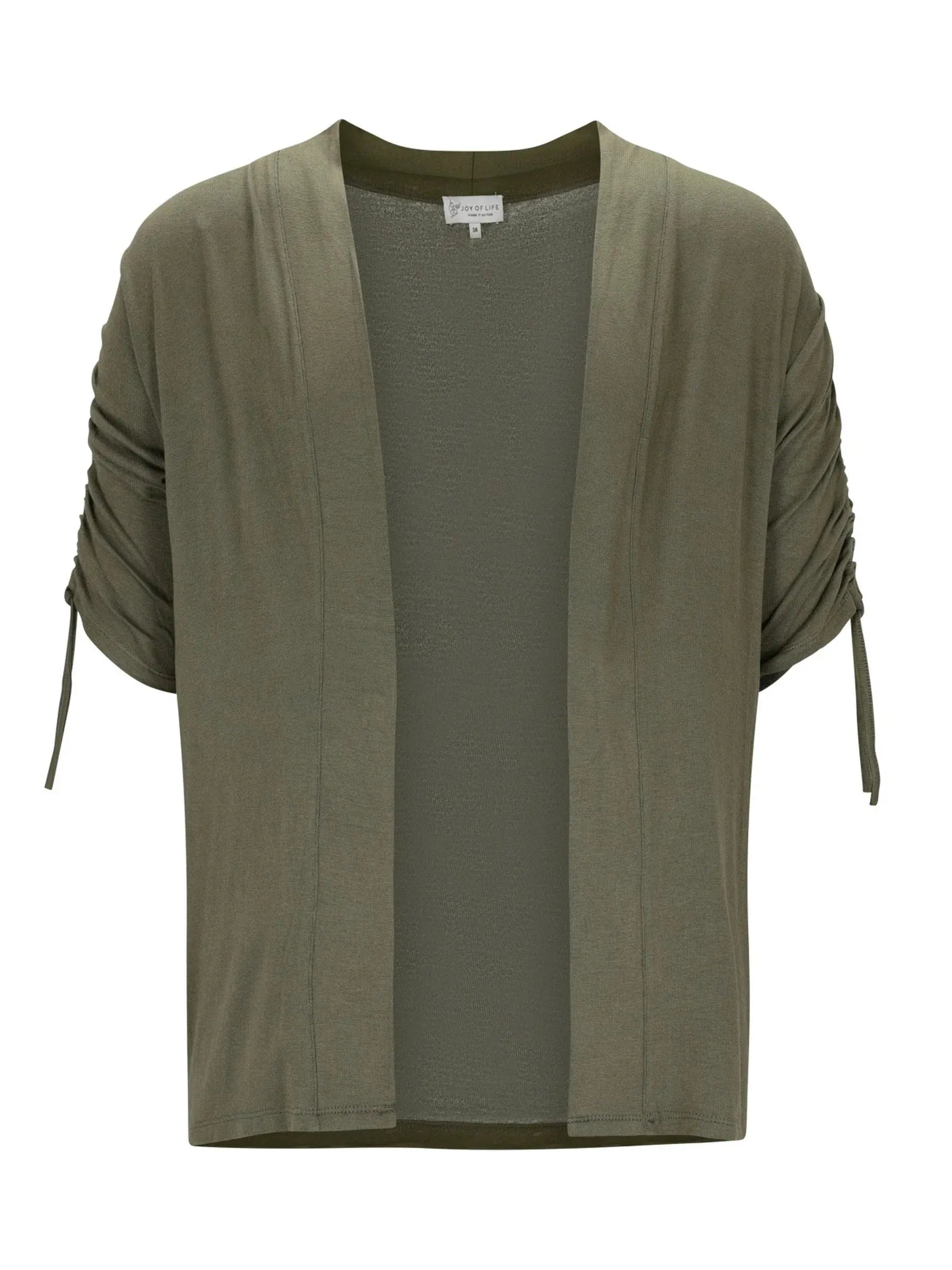 Olivgrüne Strickjacke ohne Verschluss, 3/4-Ärmel, leicht mit Rüschen und Bändern