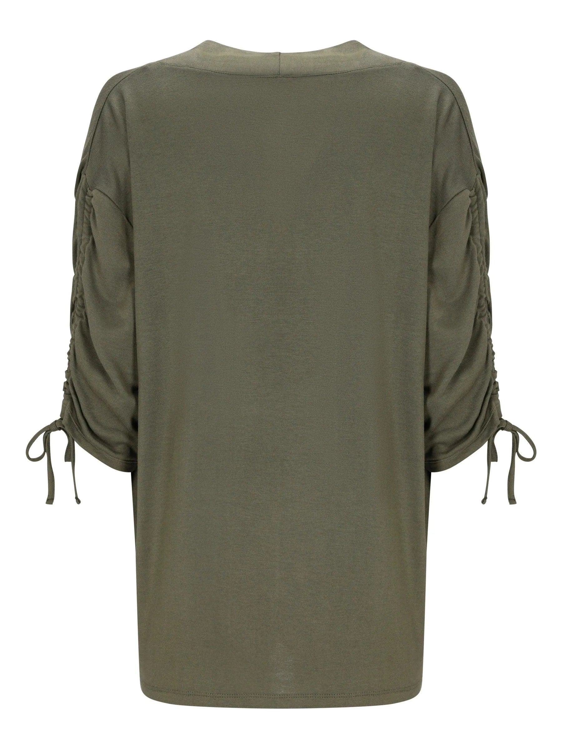 Olivgrüne Satin-Strickjacke ohne Verschluss, geraffte 3/4-Ärmel mit gebundenen Bündchen