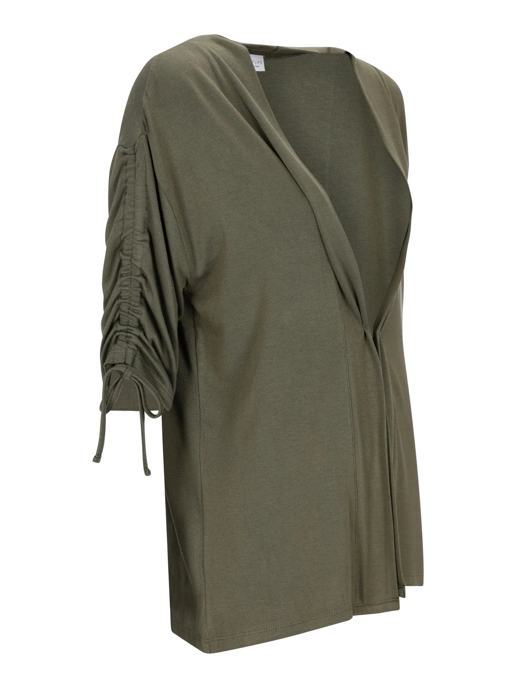 Olivgrüne Strickjacke ohne Verschluss mit gerafften Schnürärmeln