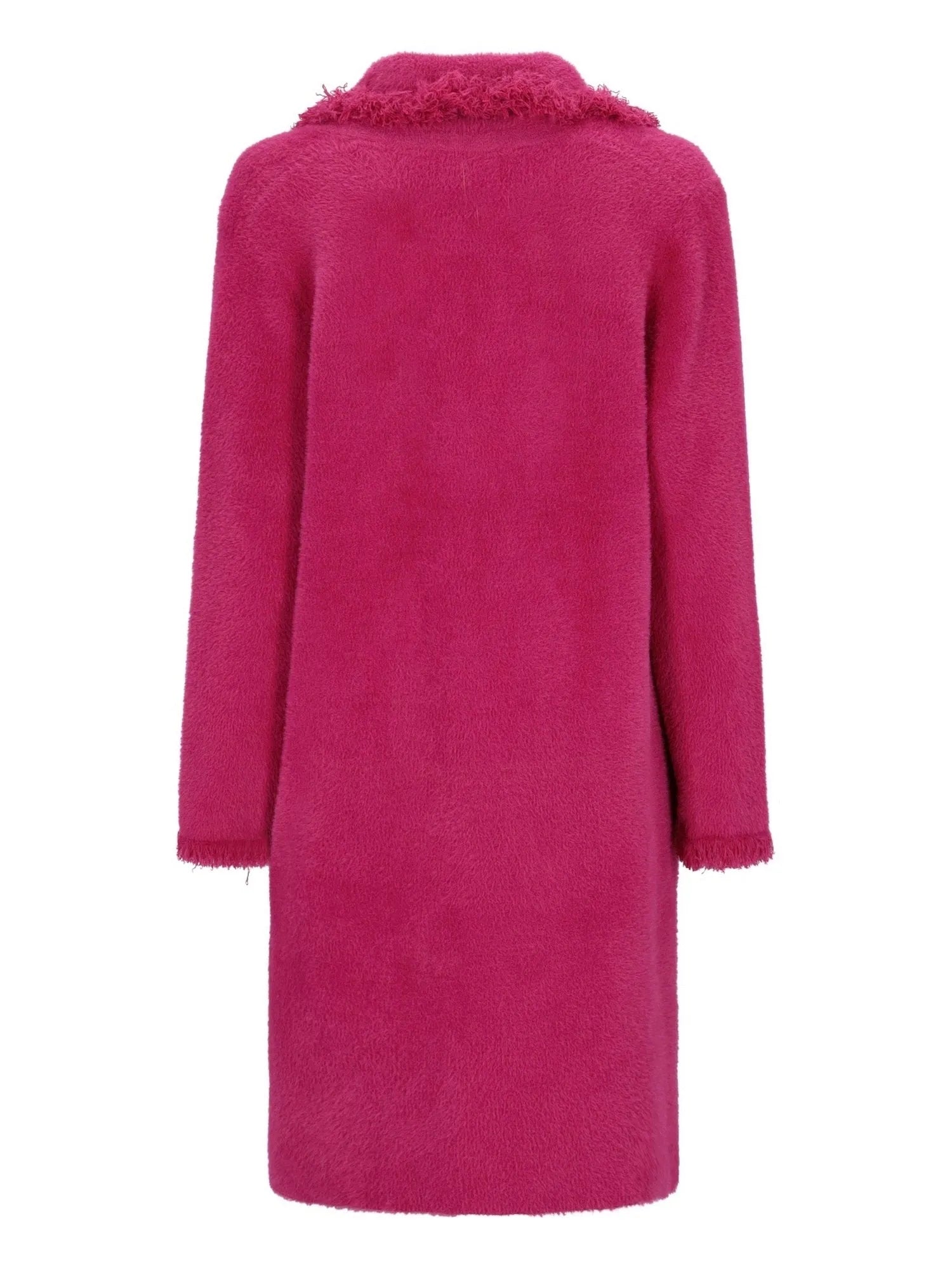 Fuchsia-rosa Kunstpelzmantel mit strukturiertem Kragen und langen Ärmeln.