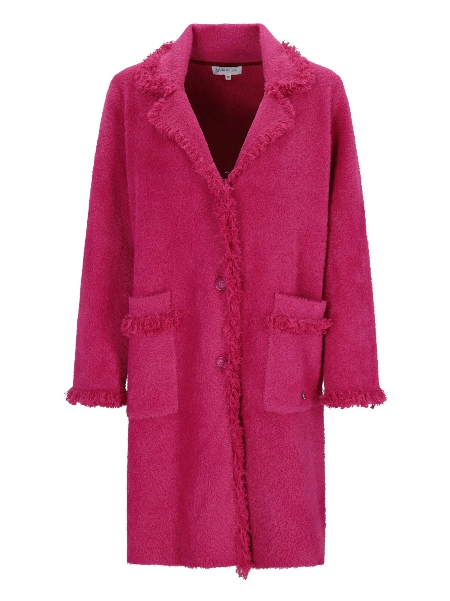 Magenta Wollmantel mit ausgefransten Rändern und Taschen, inspiriert vom Signature-Stil von Saint Laurent.