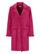 Magenta Wollmantel mit ausgefransten Rändern und Taschen, inspiriert vom Signature-Stil von Saint Laurent.