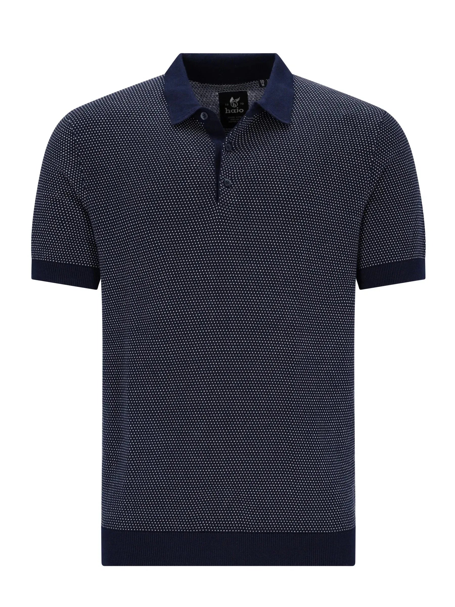 Strickpolo in Blousonform mit Allover-Jacquard, marineblau mit weißem Punktmuster