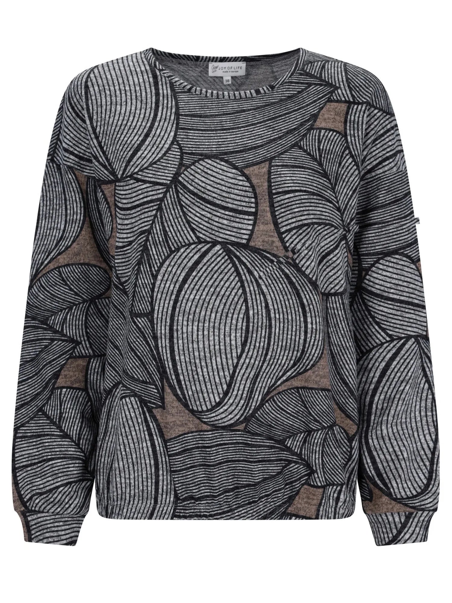 Schwarz-weißer abstrakter Musterpullover mit gerippten Ärmeln.