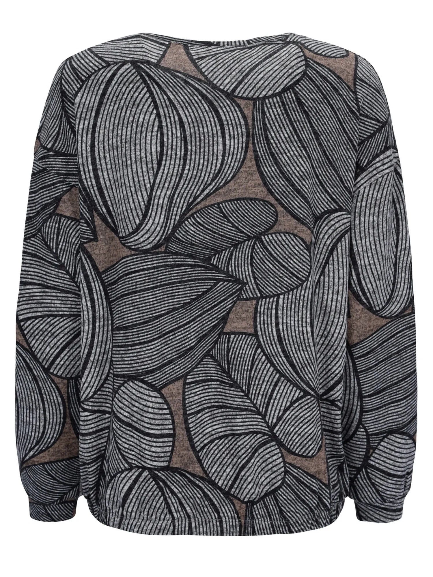 Schwarzer und weißer abstrakter Blattendruck-Pullover mit Mesh-Paneelen.
