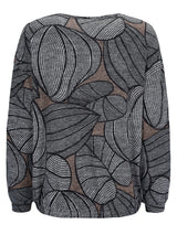 Schwarzer und weißer abstrakter Blattendruck-Pullover mit Mesh-Paneelen.