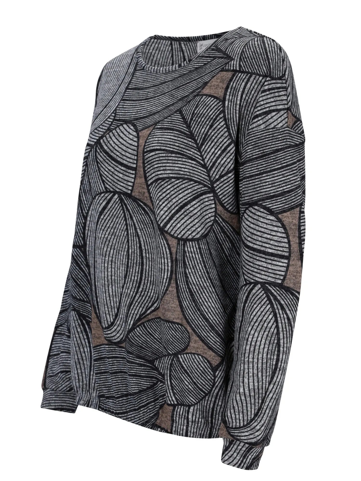 Schwarzer und weißer Blattmuster-Pulli mit langen Ärmeln.
