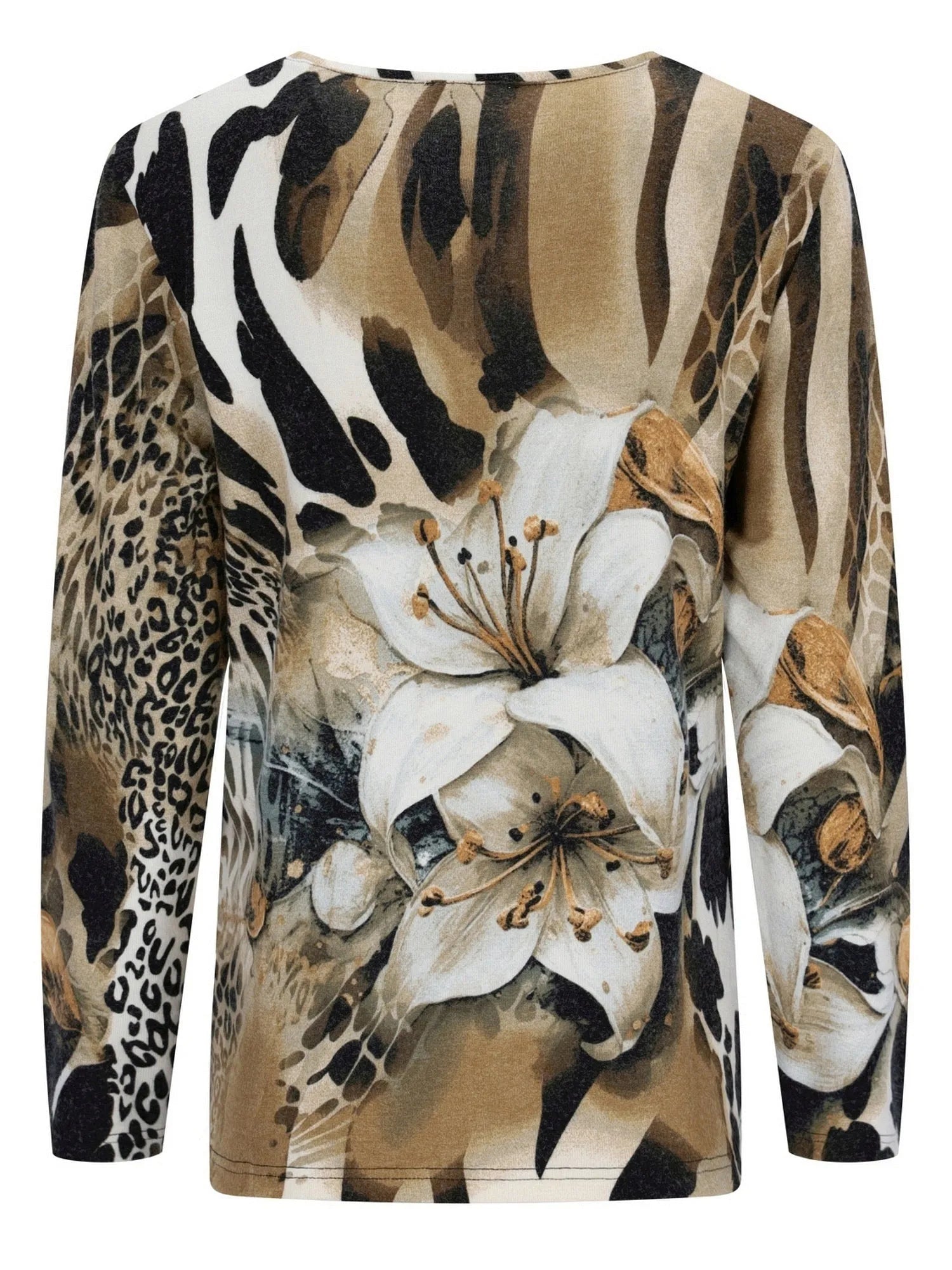 Tier mit Animalprint- und Blumenmuster, Langarm, mit weißen Lilien.