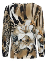 Tier mit Animalprint- und Blumenmuster, Langarm, mit weißen Lilien.