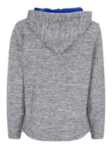 Hellgrauer Kapuzenpullover mit blauer Auskleidung und Kordelzug.