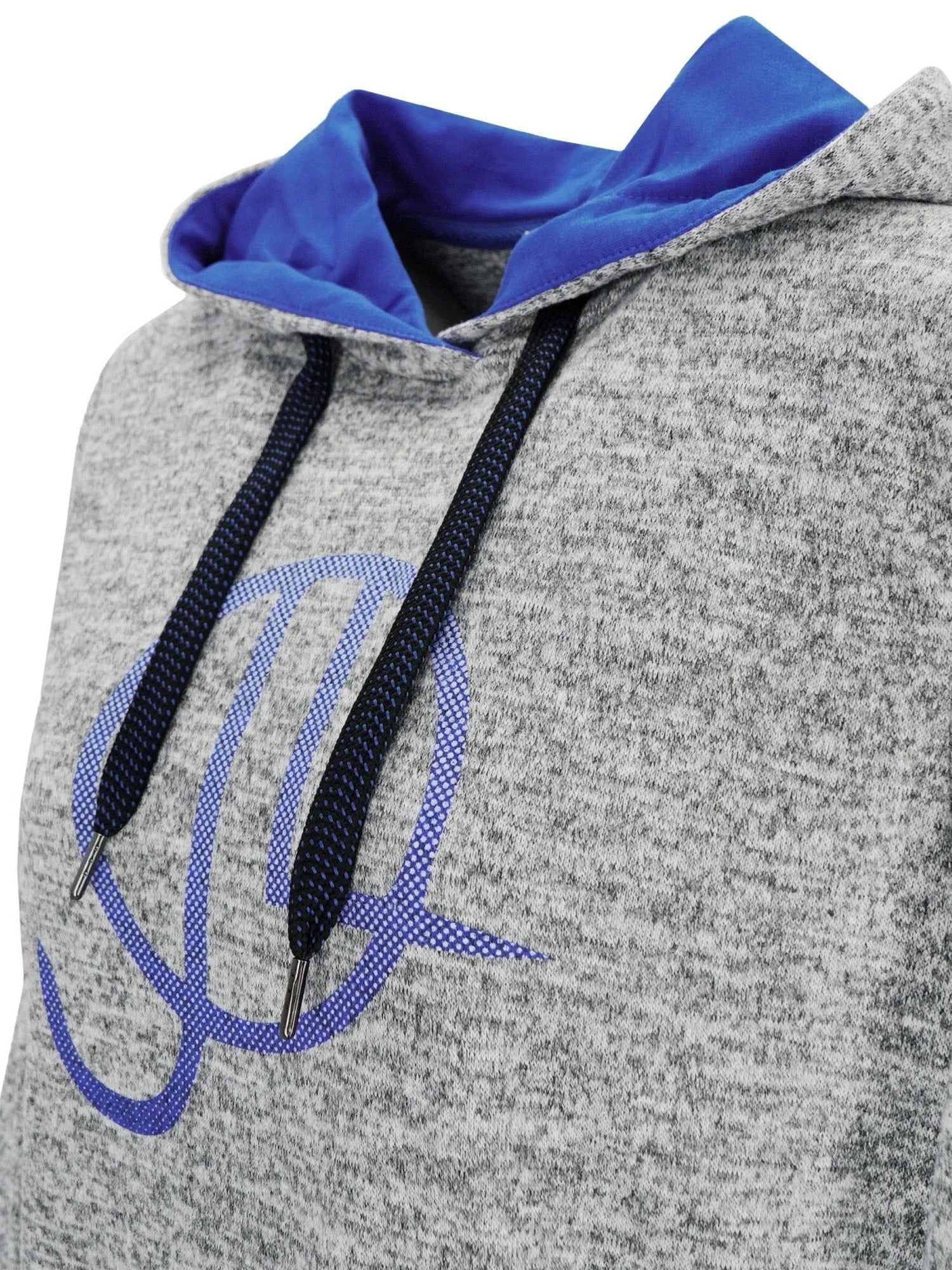 Heather grauer Hoodie mit blauer Auskleidung und Logo.
