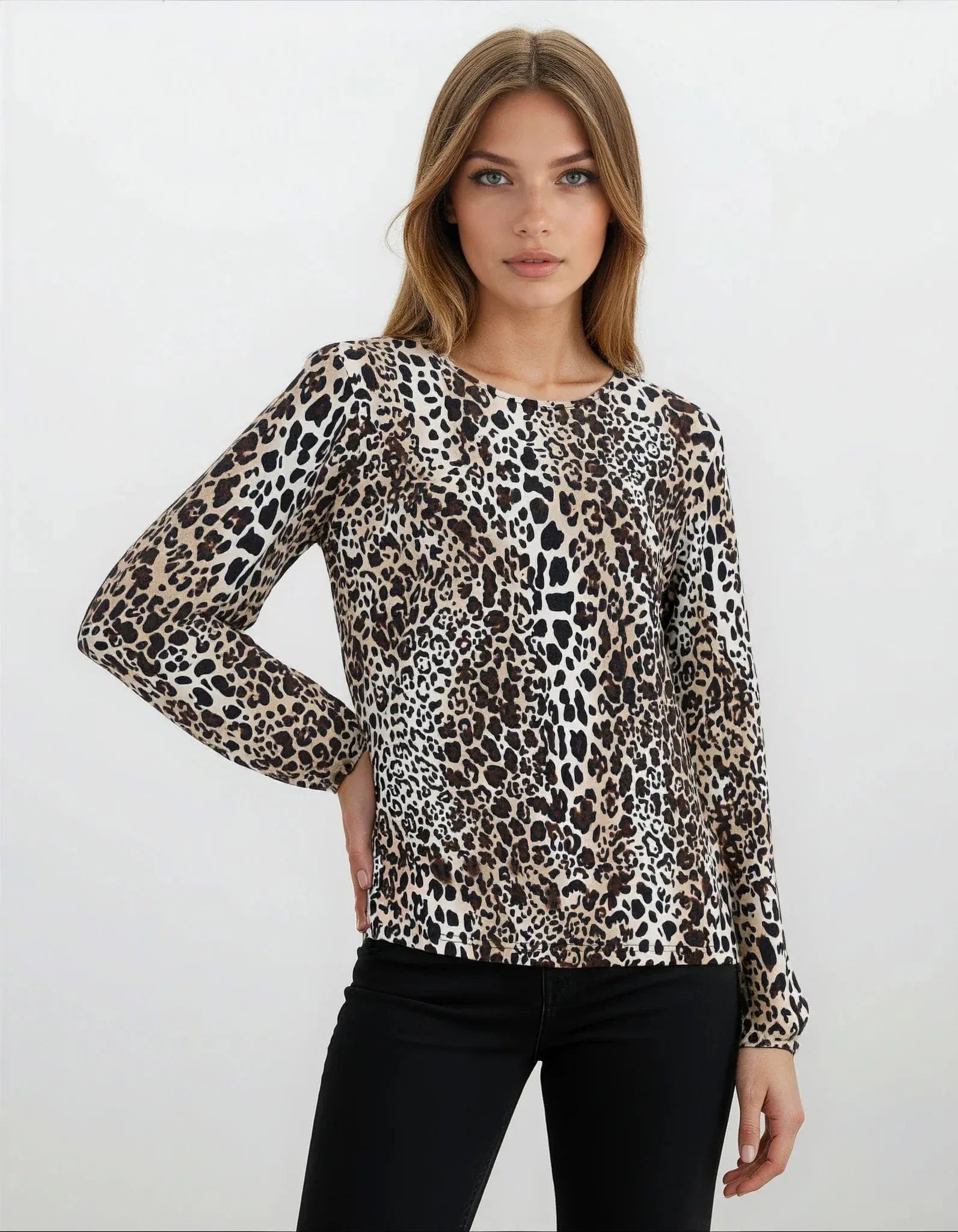 Strickshirt mit Soft-Touch: Leopard-Print-Langarmbluse schwarz-braun-beige