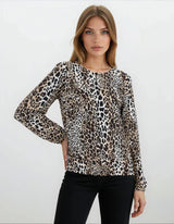 Strickshirt mit Soft-Touch: Leopard-Print-Langarmbluse schwarz-braun-beige