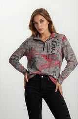 Grau-rosa abstraktes Muster Strickshirt mit Stehkragen Soft-Touch