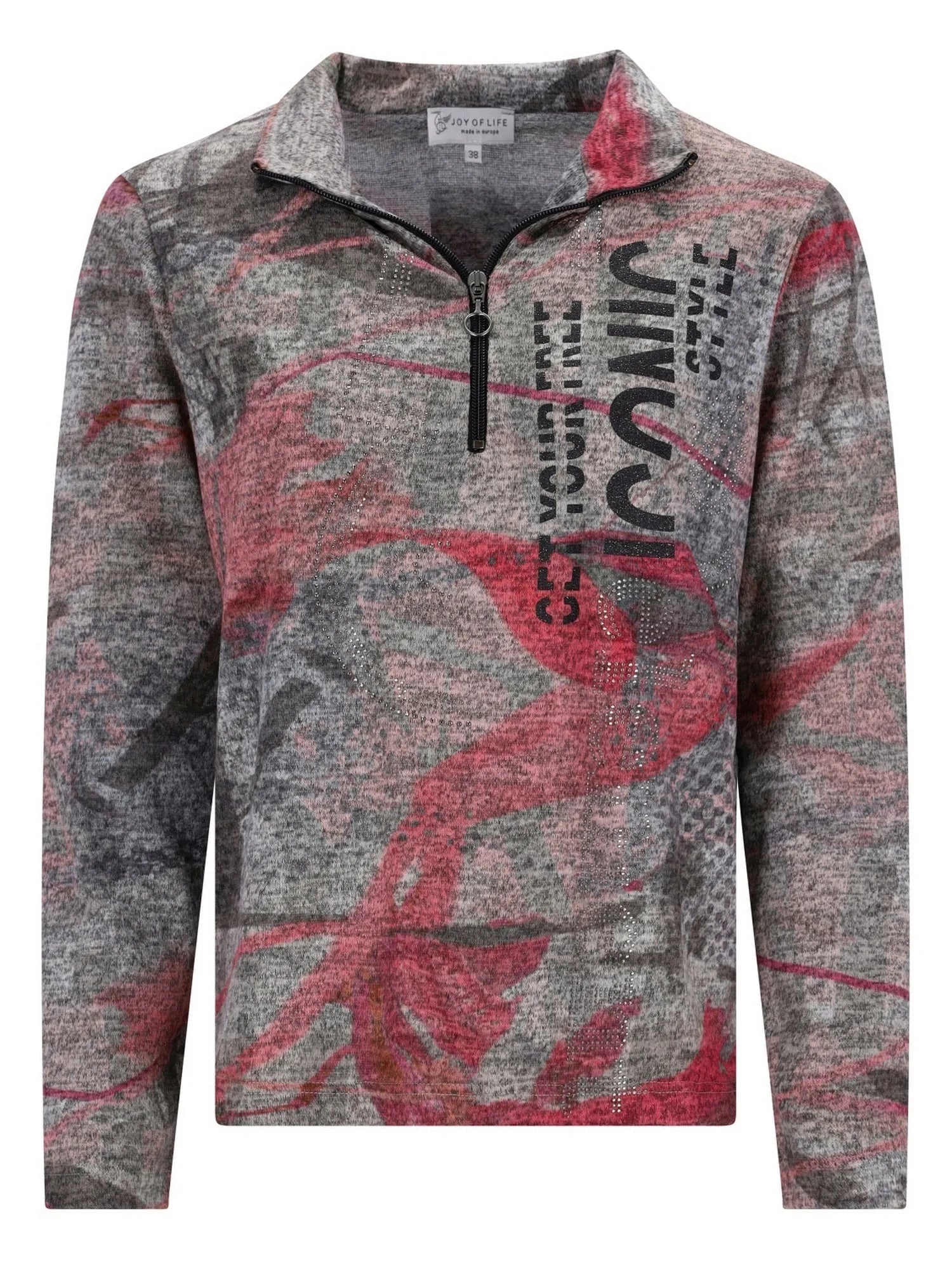 Grau-rosa Tarnmuster Viertel-Reißverschluss-Pulli-Sweater mit ‚jiu jitsu‘-Text auf der Vorderseite.