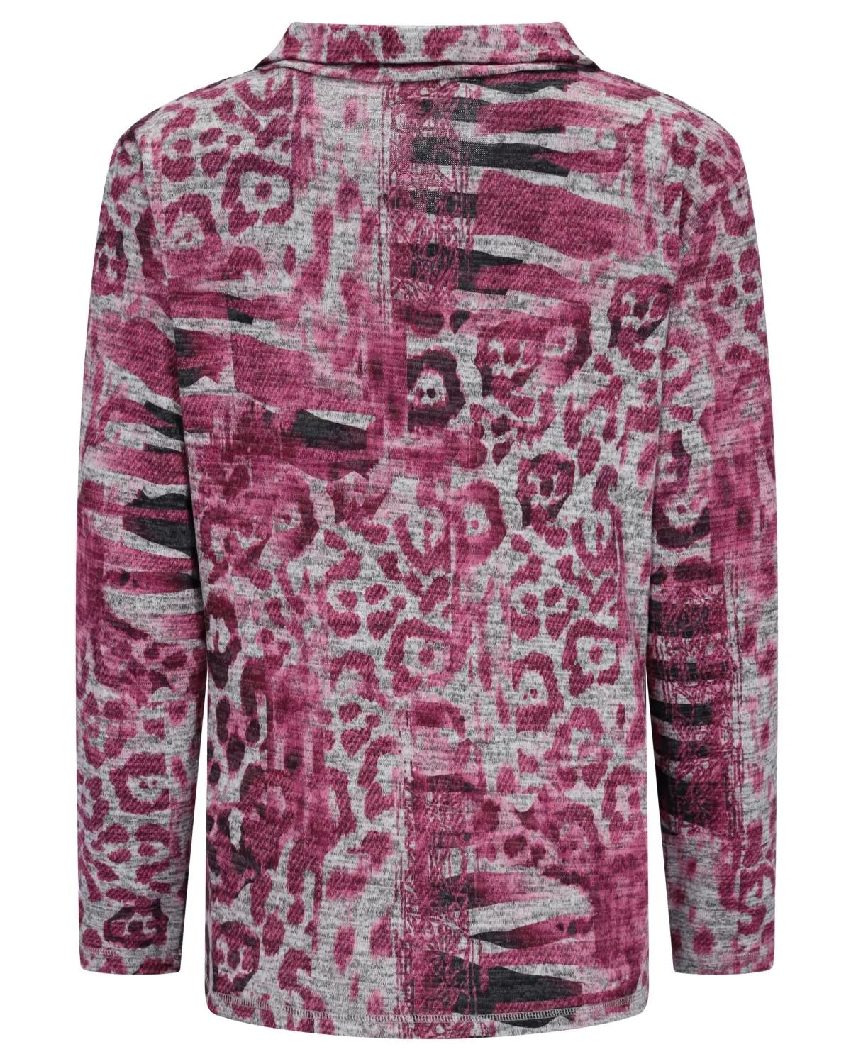 Rosa und graue Jacke mit Leopardenmuster und Knopfverschluss.