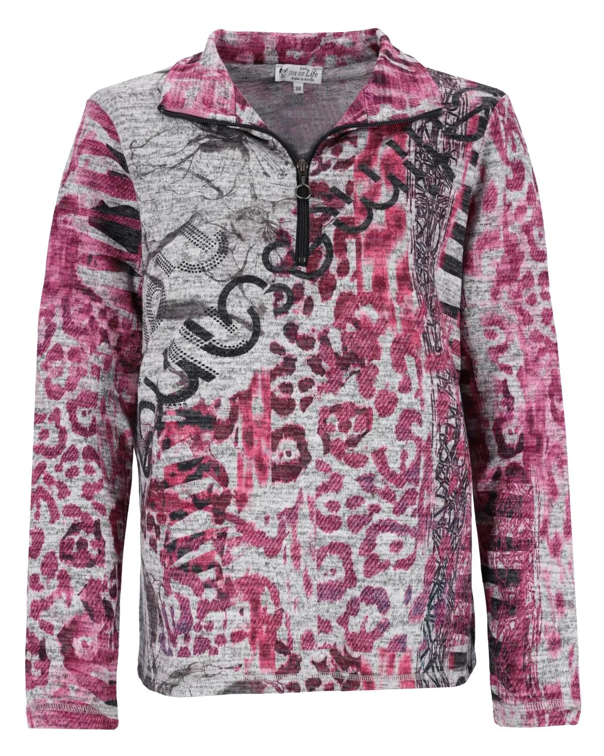 Rosa und graue Jacke mit Tiermotiv und Reißverschluss mit schwarzen Akzenten.