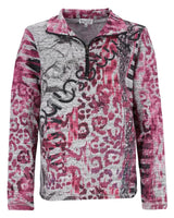 Rosa und graue Jacke mit Tiermotiv und Reißverschluss mit schwarzen Akzenten.