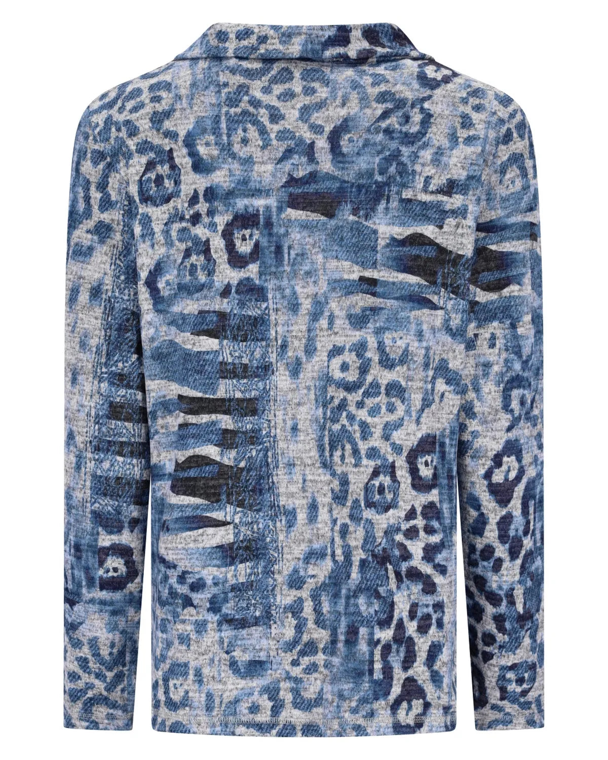 Blaue und weiße Jacke mit Leopardenmuster und Knopfverschluss.