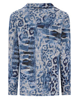 Blaue und weiße Jacke mit Leopardenmuster und Knopfverschluss.