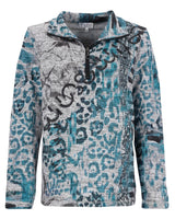 Blaugrünes und graues Sweatshirt mit Reißverschluss mit Tiermotiven und Taschen.