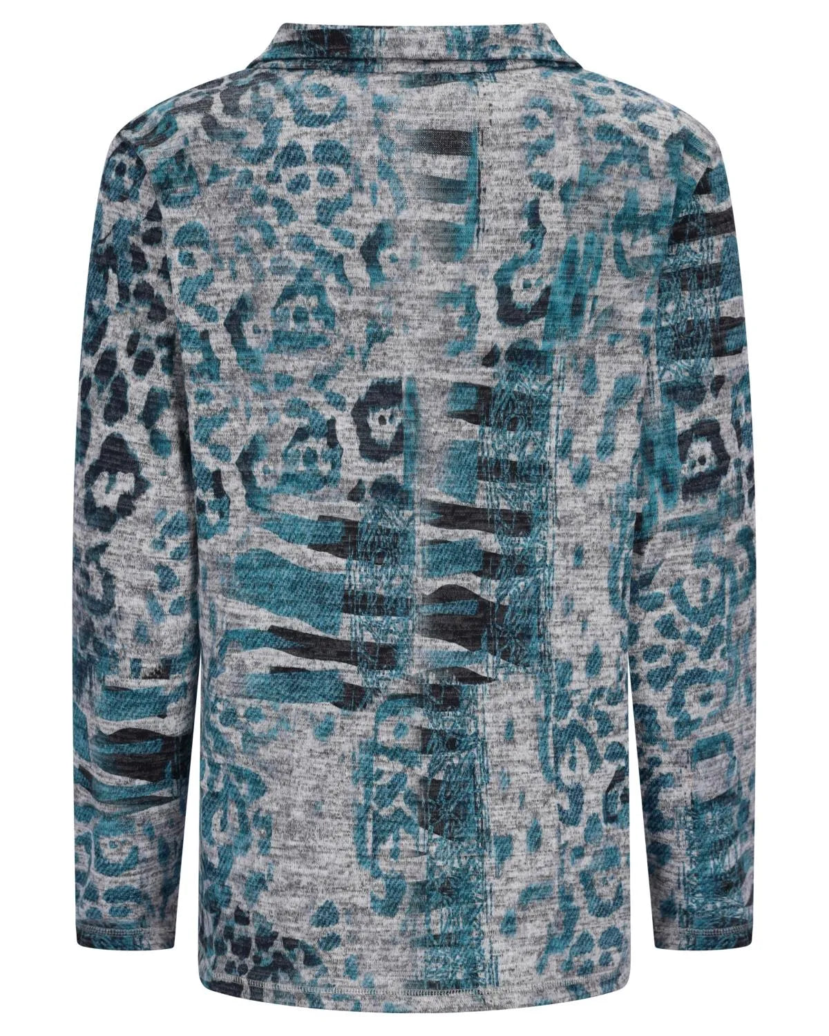 Blaugrüner und grauer Strickpullover mit Leopardenmuster und strukturiertem Strickmuster.