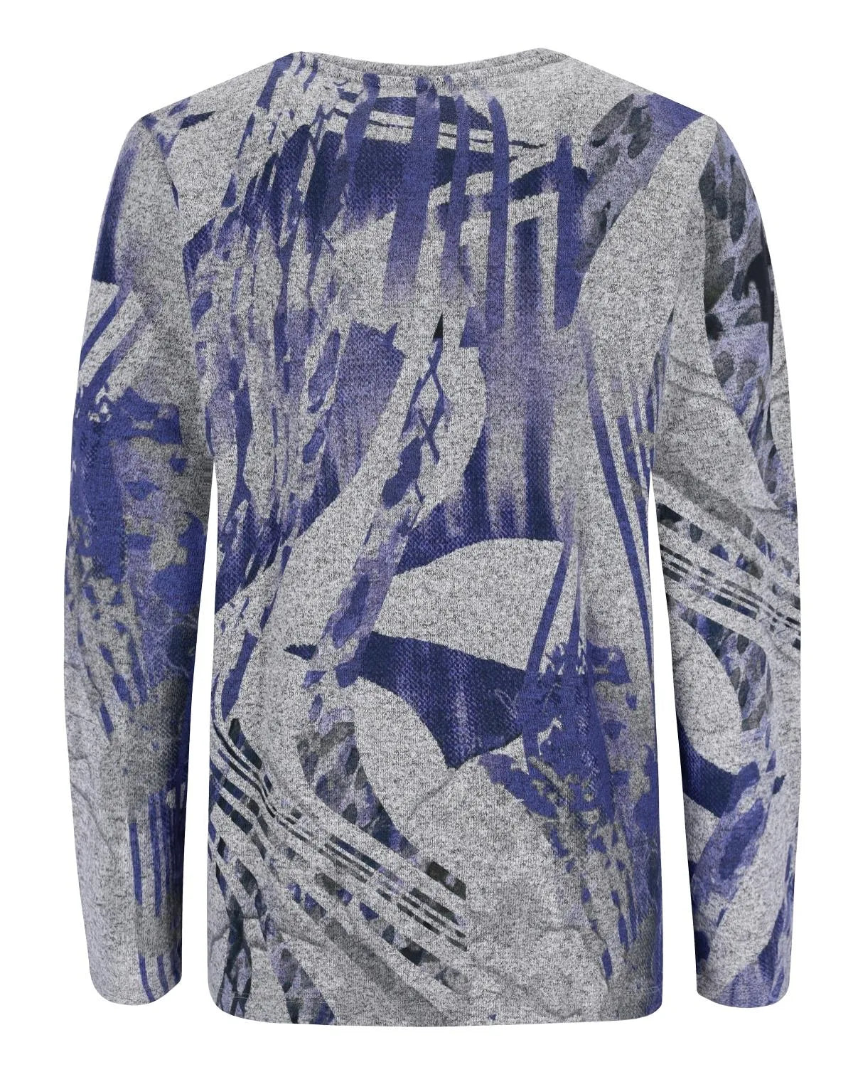Graues und lilafarbenes Langarmshirt mit abstraktem Druck und Rundhalsausschnitt.