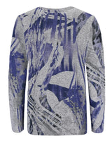 Graues und lilafarbenes Langarmshirt mit abstraktem Druck und Rundhalsausschnitt.