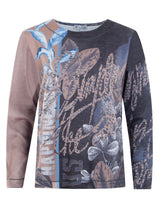 Rosafarbenes, langärmeliges Oberteil mit Blumen- und Blätterdruck und Metallic-Akzenten.