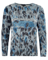 Blauer und grauer Pullover mit Leopardenmuster und der Aufschrift ’shein’.