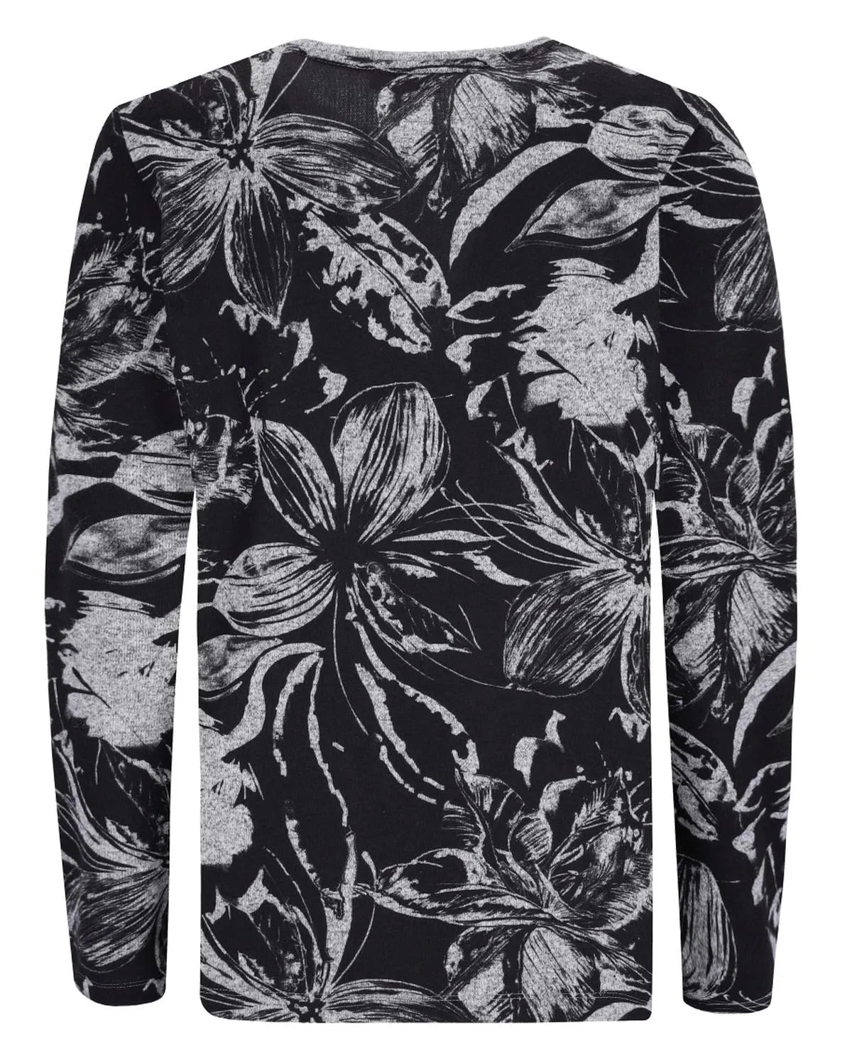Schwarz-weißes Langarmshirt mit Blumendruck und V-Ausschnitt.