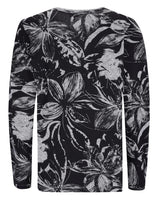 Schwarz-weißes Langarmshirt mit Blumendruck und V-Ausschnitt.