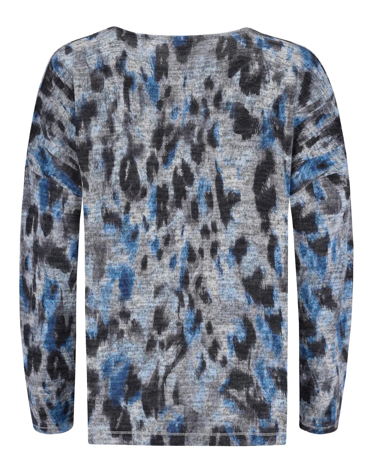 Blauer und grauer Pullover mit Tiermuster und langen Ärmeln.