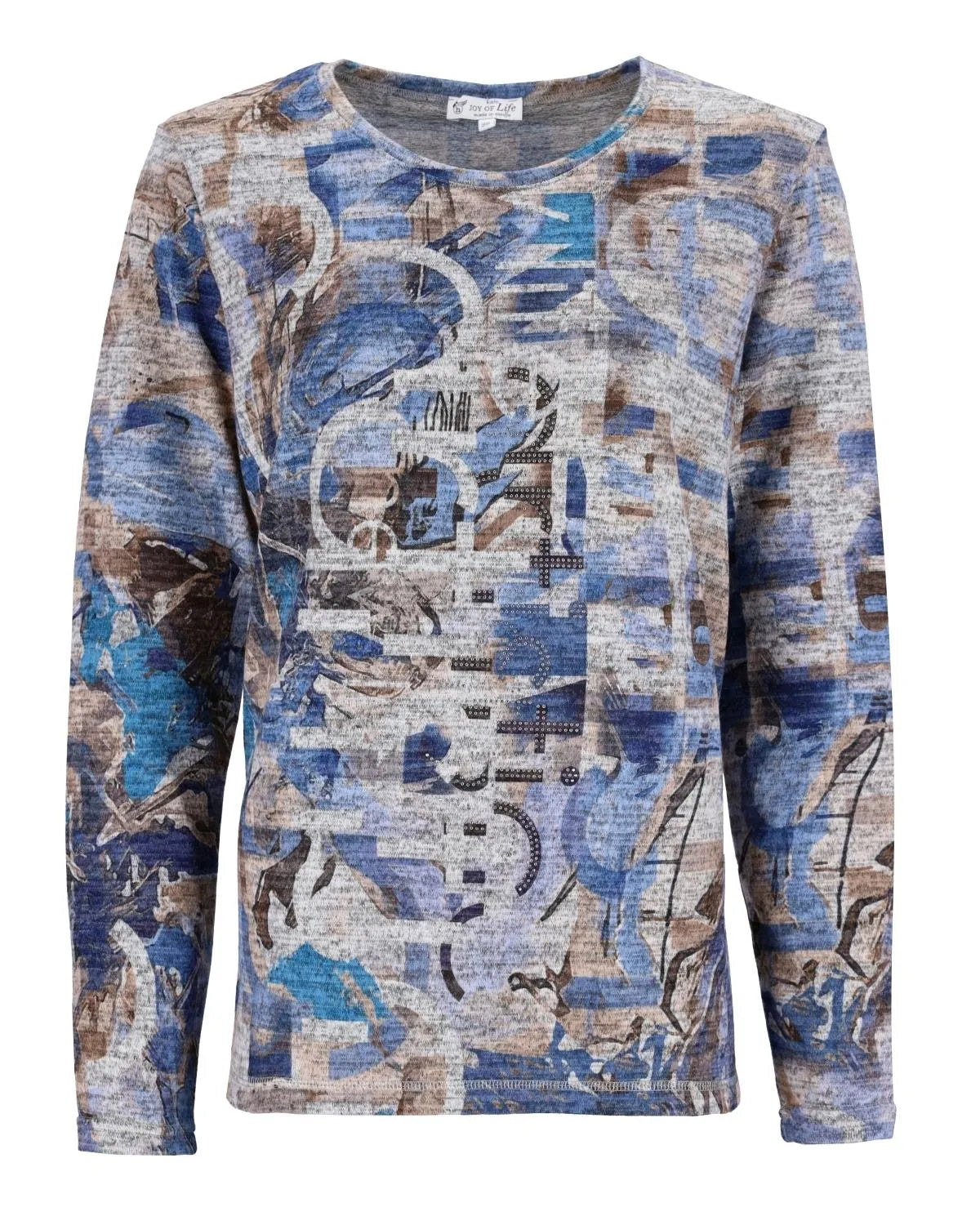 Blaues und braunes Langarmshirt mit abstraktem Druck und Rundhalsausschnitt.