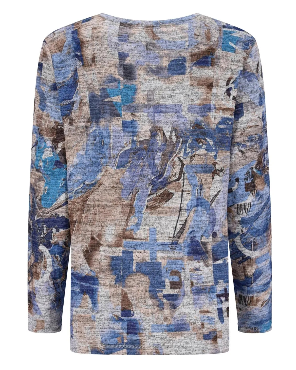 Blauer und beiger Pullover mit abstraktem Print und langen Ärmeln.