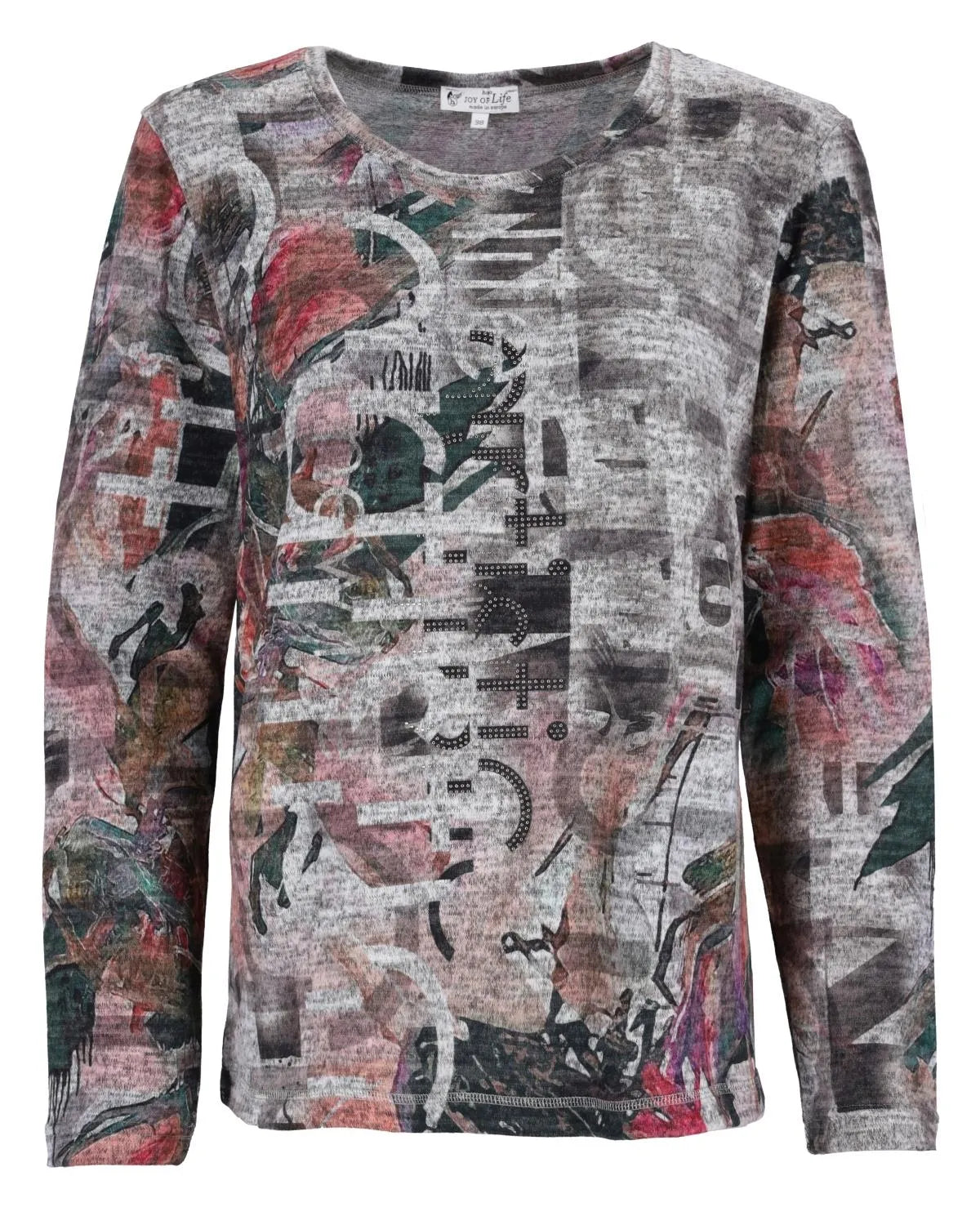 Abstrakt bedruckter Pullover mit langen Ärmeln und Rundhalsausschnitt in einer Mischung aus Grautönen, Rot, Grün, Schwarz und Weiß.