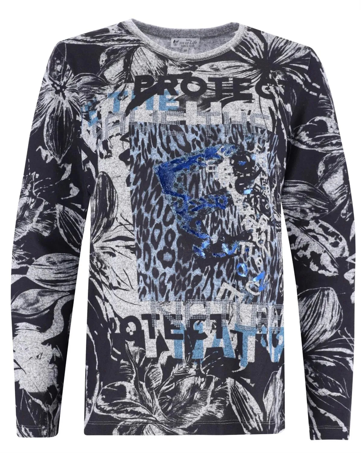 Schwarz-weißes, geblümtes Langarmshirt mit ’Protect’-Textmuster.