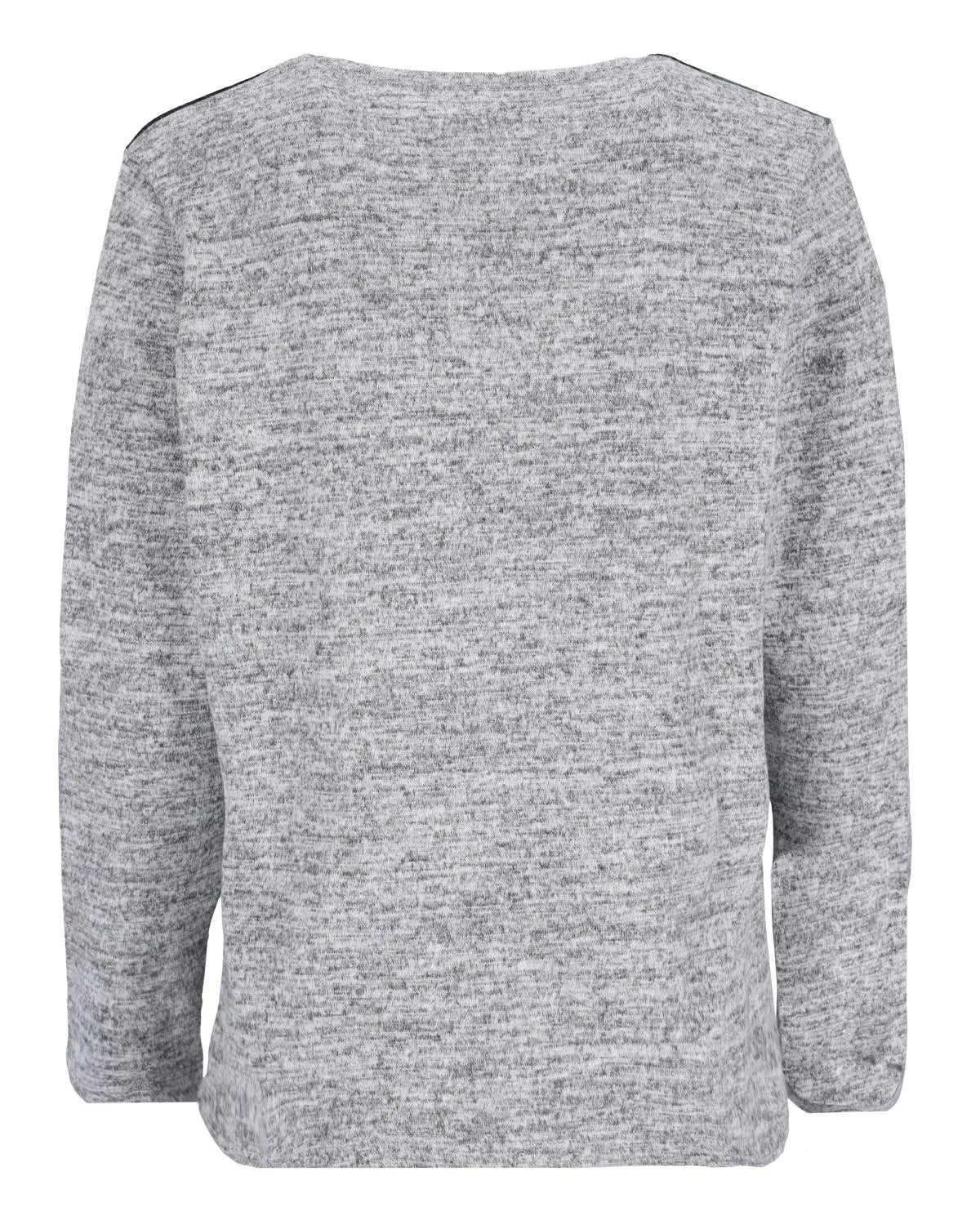 Heidegrauer Pullover mit strukturiertem Strickmuster und Schulterpolstern.