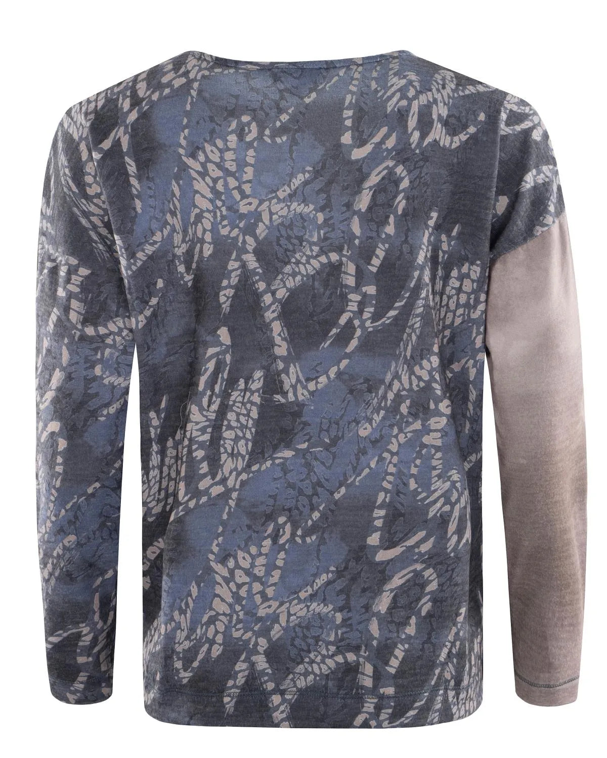 Langarmhemd mit abstraktem Print in Anthrazit und Grau und Ärmeln aus Wildleder.