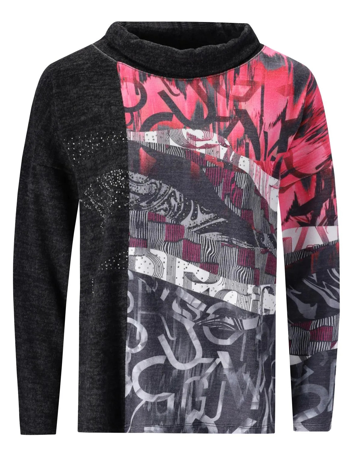 Schwarz und rosa abstrakt gemusterter Pullover mit hohem Kragen.