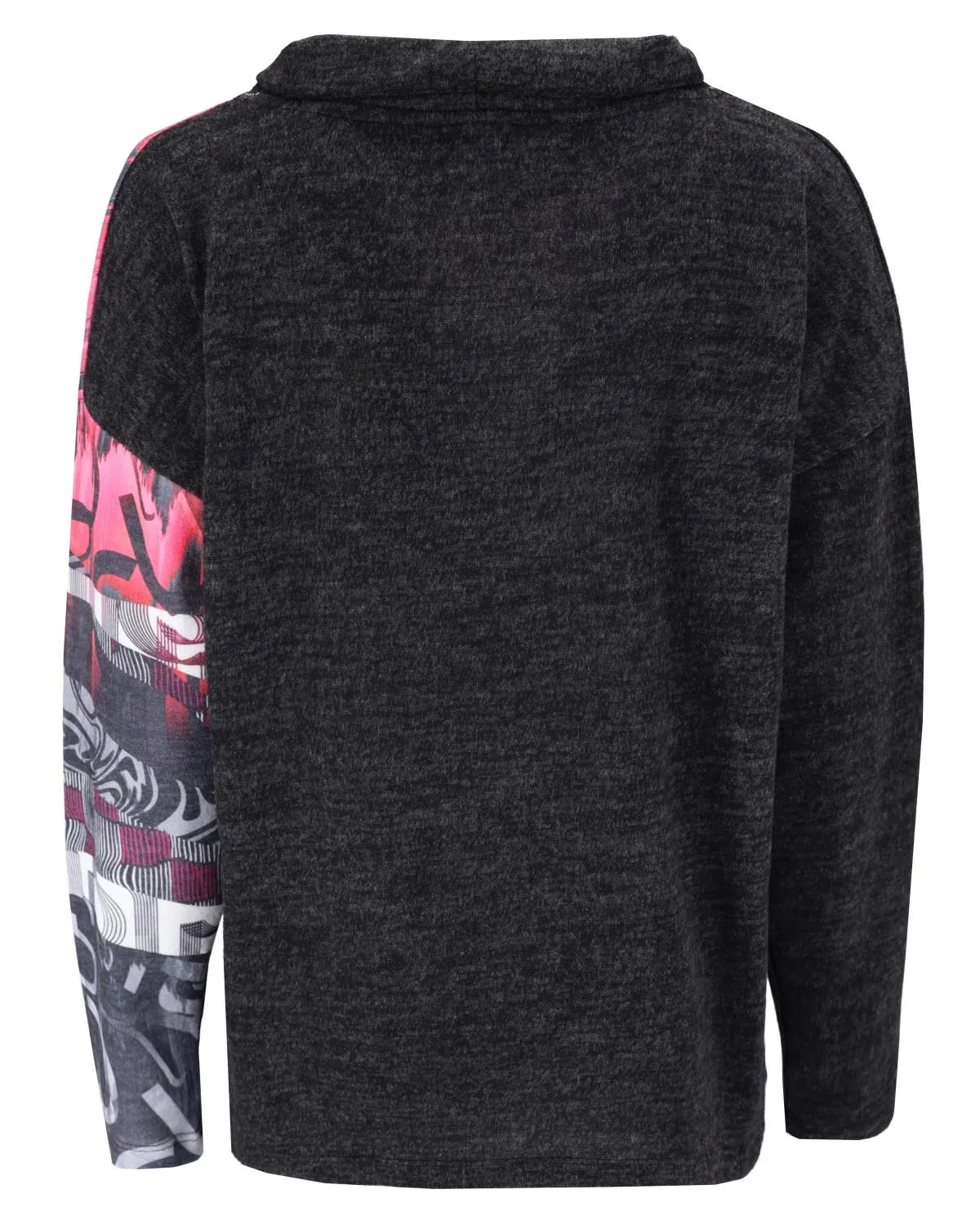 Anthrazitfarbener Pullover mit buntem, grafischem Ärmeldesign und Rundhalsausschnitt.