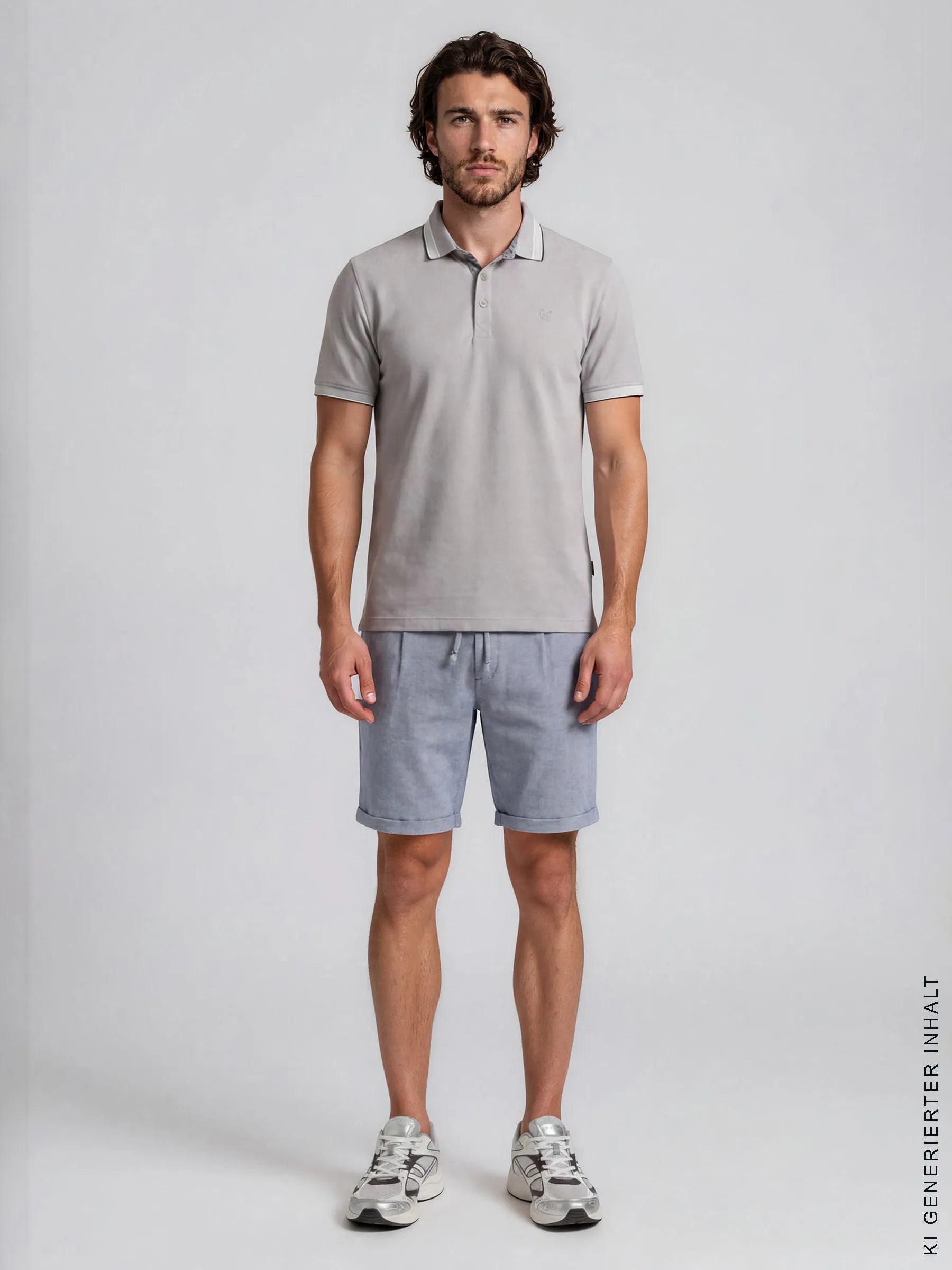 Ein mann trägt eine hellblaue strukturierte bermudashort mit elasthan und ein hellgraues polohemd von hajo mode